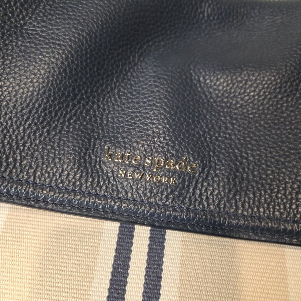 Kate Spade New York Crossbody Bag Navy Blue Leather Striped Canvas Flap Handbag - Picture 8 of 8